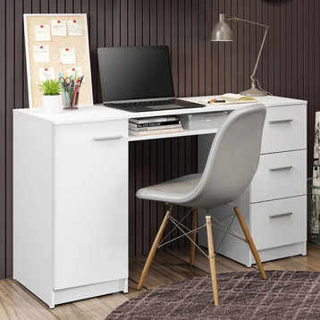 Modern Desk, Rectangular Table Top With Storage Drawers & Metal Handles, White