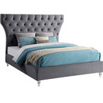 Meridian Furniture - Kira Velvet Upholstered Bed, Gray, King - Bring this Kira velvet bed into your space to give your room an instant style boost. This stunning king-sized bed features soft grey velvet upholstery, including the headboard and sideboards. Deep button tufting draws instant visual interest into your room, adding an elegant and sophisticated element that's hard to ignore. The padded design makes sitting up in bed to read or watch TV a more luxurious and comfortable endeavor. Elegant turned feet made from acrylic add a modern finish to the bed.