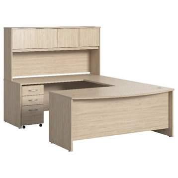Bowery Hill U Shaped Desk with Hutch & Drawers in Natural Elm - Engineered Wood