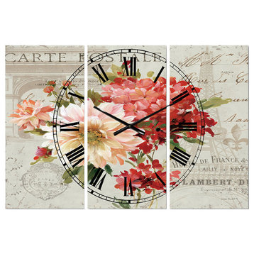 Red Painted Flowers On Vintage Postcard I Traditional Multipanel Clock