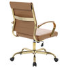 LeisureMod Benmar Mid-Back Swivel Leather Office Chair With Gold Base, Light Brown