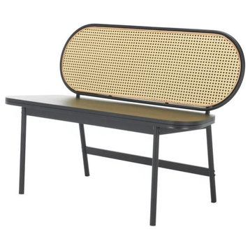 Contemporary Accent Bench, Wooden Frame & Oval Shaped Rattan Back, Black/Natural