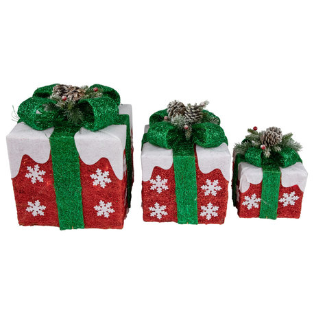 Set of 3 Lighted Red with White Snowflakes Gift Boxes Christmas Decorations