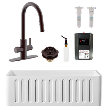 30" Solid Surface Single Bowl Reversible Sink With Instant Hot Faucet Kit, Oil Rubbed Bronze