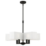 Livex Lighting - Rubix 5 Light Satin Brass Chandelier - This chandelier from the Rubix collection has a crisp, clean look and contemporary appeal. The angular arms feature a black finish. The off-white fabric hardback shades offers warm light for your surroundings.