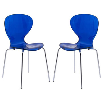 LeisureMod Oyster Dining Side Chair With Strong Metal Legs in Blue Set of 2