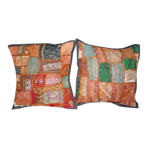 Mogul Interior - Sari Patchwork Beaded Toss Pillow Shams 16", Set of 2 - Decorative Pillows