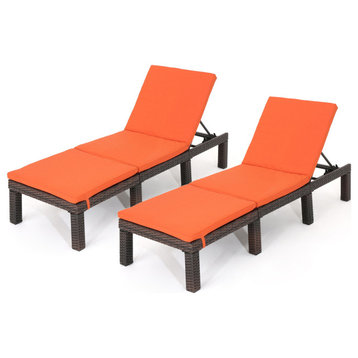 GDF Studio Joyce Outdoor Wicker Chaise Lounge With Cushion, Orange, Set of 2