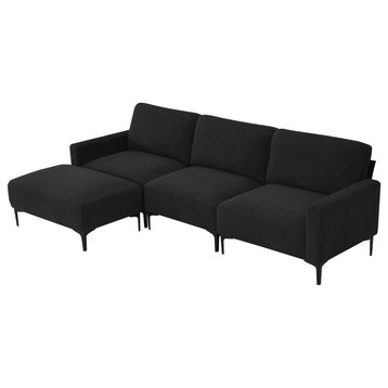 Modern Sectional Sofa, Padded Velvet Fabric Seat With Movable Ottoman, Black
