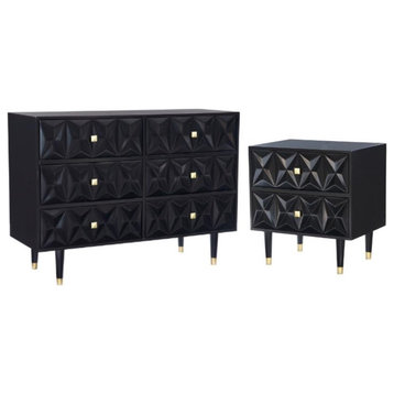 Home Square 2-Piece Set with Nightstand and Six Drawer Dresser in Black