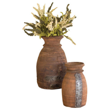 Rustic Reclaimed Mango Wood Urn Pitcher Vase Dark Brown, 2-Piece Set