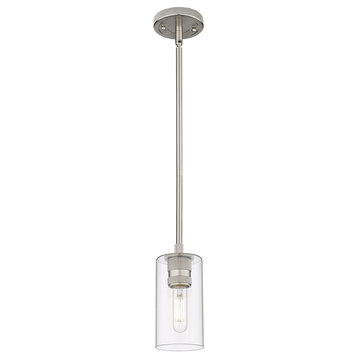 Crown Point 1 Light 7" Stem Hung Pendant, Satin Nickel, Clear Glass