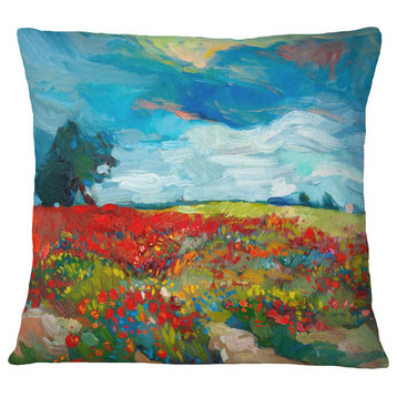 Colorful Flower Fields Landscape Painting Throw Pillow, 16"x16"