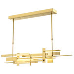 Hubbardton Forge - Planar Large LED Pendant, Modern Brass Finish - Influenced by Frank Lloyd Wright's visionary Fallingwater home from the 1930s, our horizontal Planar LED Pendant delivers clean, modern, gravity-defying lines that are sure to enhance high-end dining and living room designs. Handcrafted using steel at our Vermont forge.