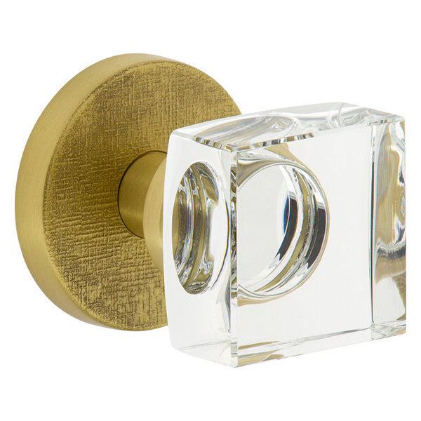 Circolo Linen Rosette Passage, Quadrato Crystal Knob, Satin Brass, 2.7
