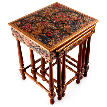 Novica Paradise Cedar And Leather Accent Tables (Set Of 3)