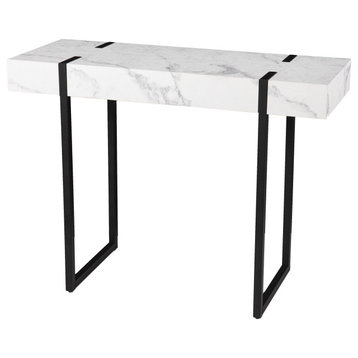 Rectangular Console Table, Slim Design With Black Base & White Faux Marble Top