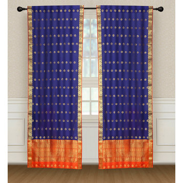 2 Blue Bohemian Indian Sari Rod Pocket cafe Curtains Kitchen Drapes-43W x 36L