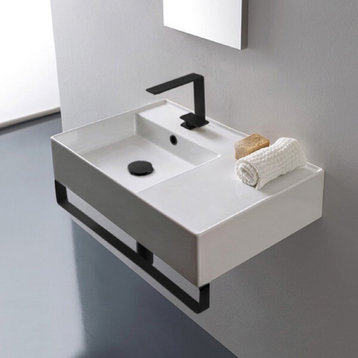 Rectangular Ceramic Wall Mounted Sink, Matte Black Towel Bar Included, One Hole