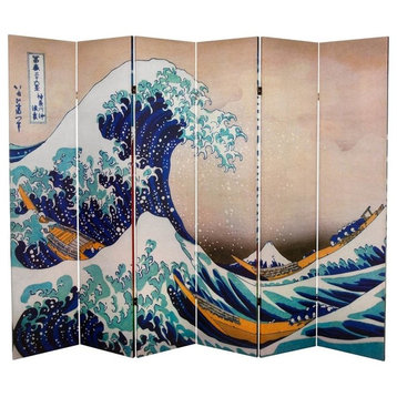 6' Tall Double Sided Hokusai Room Divider, Great Wave/Red Fuji