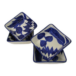 Le Souk Ceramique - Square Stoneware Sauce Dishes, Set of 4, Jinane Design - Serving Dishes And Platters