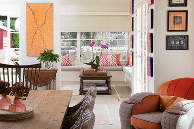 Photo of an eclectic family room in Brisbane with limestone floors.