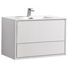 DeLusso 36" Wall Mount Bathroom Vanity, Nature Wood, High Gloss White