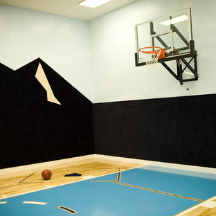 ソルトレイクシティの大きいトランジショナルスタイルのおしゃれなホームジム (マルチカラーの壁、合板フローリング) の写真