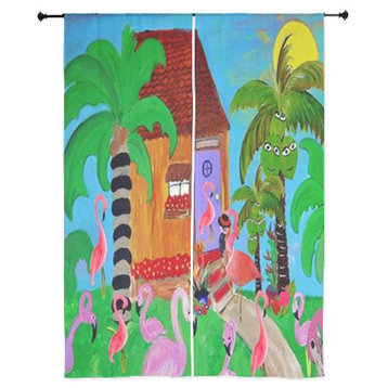Tropical Birds Sheer Curtains, Yard Flamingso