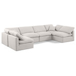 Meridian Furniture - Indulge Upholstered Modular U-Shaped Sectional, Cream, 6-Piece: 4 Armless Chair, 2 Corner Chair, Down Stuffed Linen Textured Fabric - Experience ultimate comfort and style with our cream linen textured fabric Indulge Sectional. The luxurious linen texture of the fabric will elevate the aesthetic of any room. This sofa provides ample space for you to relax while its modular build offers the option of unlimited configurations. Whether you're looking to add a stylish element to your living room or a comfortable seating option to your bedroom, this sofa is the perfect choice.