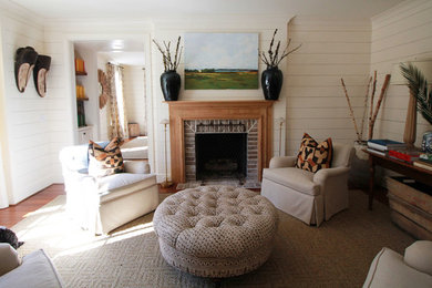Mid-sized eclectic formal and enclosed dark wood floor and brown floor living room photo in Other with white walls, no fireplace and no tv