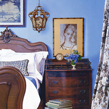 French Blue double bedroom concept with fine antiques, linens + appointments