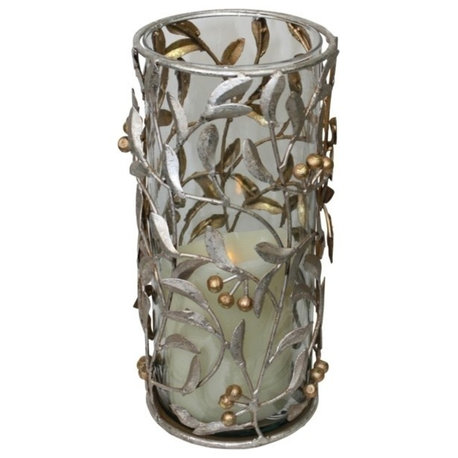 Tall 12" Leaf Berry Pillar Candle Holder, Metal Hurricane Leaves Branches