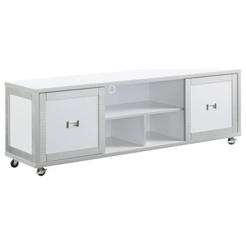Contemporary TV Stand, Wheeled Design With Silver Metallic Faux Crocodile Accent