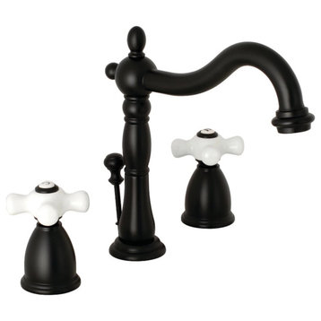 Widespread Bathroom Faucet, Vintage Design & Arc Spout & Cross Handles, Black