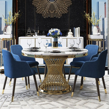 Modern 51" Round Pedestal Dining Table Faux Marble Tabletop & Golden Stainless S