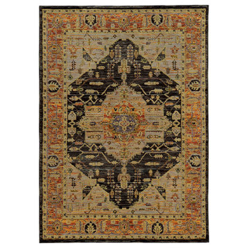 Adeline Bordered Center Medallion Gold and  Charcoal Area Rug, 1'10"x3'2"