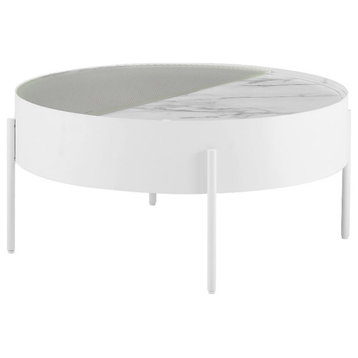 33" Drum Wood Coffee Table with Sliding Top - White Calacatta Marble & Glass