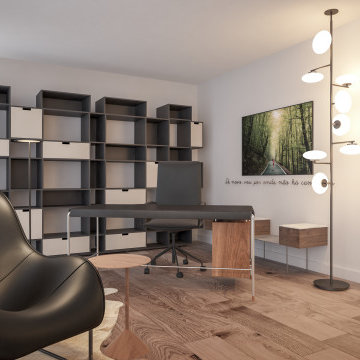 Oeiras Home Office with Black Lounge Chair and Modular Shelving