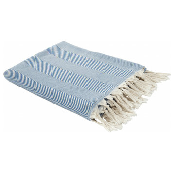 Blue Woven Cotton Herringbone Throw Blanket
