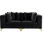 Meridian Furniture - Tremblay Velvet Upholstered 2-Piece Modular Sofa, Black - Lean back and relax on this Tremblay sofa. Featuring soft black velvet upholstery with deep button tufting, this sofa adds a bold touch to any living space. A complete set of gold and chrome legs are included, so you can change it up to suit your home decor. This sofa is modular, so you can create infinite configurations with it, which are easily attached using the latch underneath the frame. Its contemporary design is perfect for the modern home.