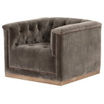 Zin Home - Maxx Birch Brown Tufted Modern Swivel Club Chair - Modern take on the classic library chair adopts a distressed birch brown-colored covering and mounted on a whitewash parawood swivel base. Aged bronze nailheads add modernity. Upright yet comfortable, this versatile swivel chair is designed to keep its look casual and clean, even in high-traffic family rooms or offices. Our Maxx Brich Brown Tufted Modern Swivel Club Chair will rock any home decor.  Dimensions: 33.50"w x 33.75"d x 26.00"h