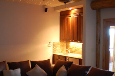 Home theater - mid-sized rustic enclosed carpeted home theater idea in Denver with white walls and a wall-mounted tv