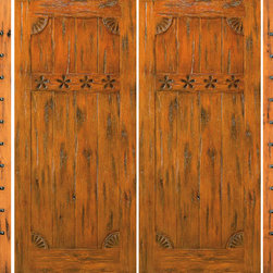 Front Prehung Double Door with Two Sidelites, Knotty Alder Carved - Front Doors