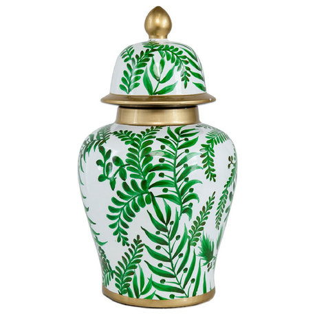 Leafy Decorative Jar or Canister, Green and Gold