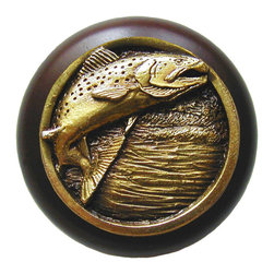 Inviting Home Inc. - Leaping-Trout Walnut Wood Knob, Antique-Style Brass - Cabinet And Drawer Knobs