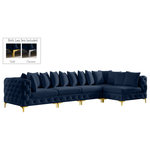 Meridian Furniture - Tremblay Modular Sectional, Navy, L-Shaped, 5-Piece: Armless (3), Corner (2) - Lean back and relax on this Tremblay sectional. Featuring soft navy velvet upholstery with deep button tufting, this sectional adds a bold touch to any living space. A complete set of gold and chrome legs are included, so you can change it up to suit your home decor. This sectional is modular, so you can create infinite configurations with it, which are easily attached using the latch underneath the frame. Its contemporary design is perfect for the modern home.