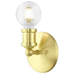 Livex Lighting - Lansdale 1 Light Satin Brass ADA Single Vanity Sconce - Simplicity and attention to detail are the key elements of the Lansdale collection.  The dimensional form, exposed bulbs and combination of finishes adds a playful mood to a contemporary or urban interior. This single-light sconce design gives a new face to a bedroom, hallway or a bathroom vanity.  It is shown in a satin brass finish.
