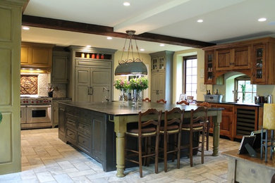 Design ideas for a traditional kitchen with a farmhouse sink, panelled appliances and with island.
