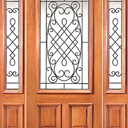Prehung Mahogany 3/4 Lite House Door with Two Sidelights Ironwork - Front Doors